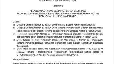 Disdikbud Samarinda Berlakukan PJJ 15–17 Oktober akibat Asap Karhutla